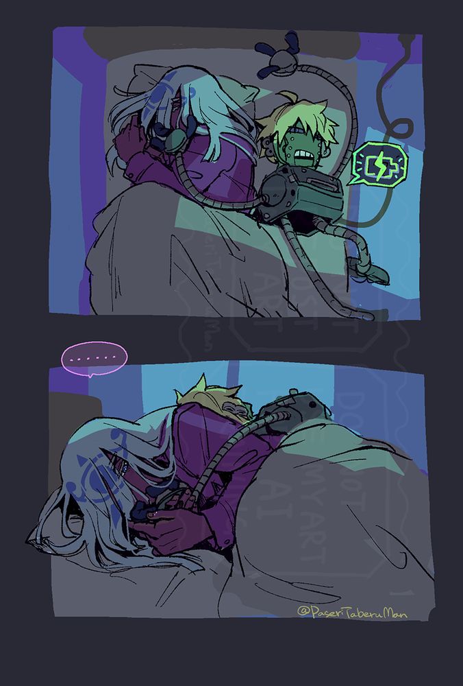 a robovenom fan art. Venom and Robo-ky sleeping together in the same bed. Venom wakes up, takes Robo's hand, and falls deep in thought.