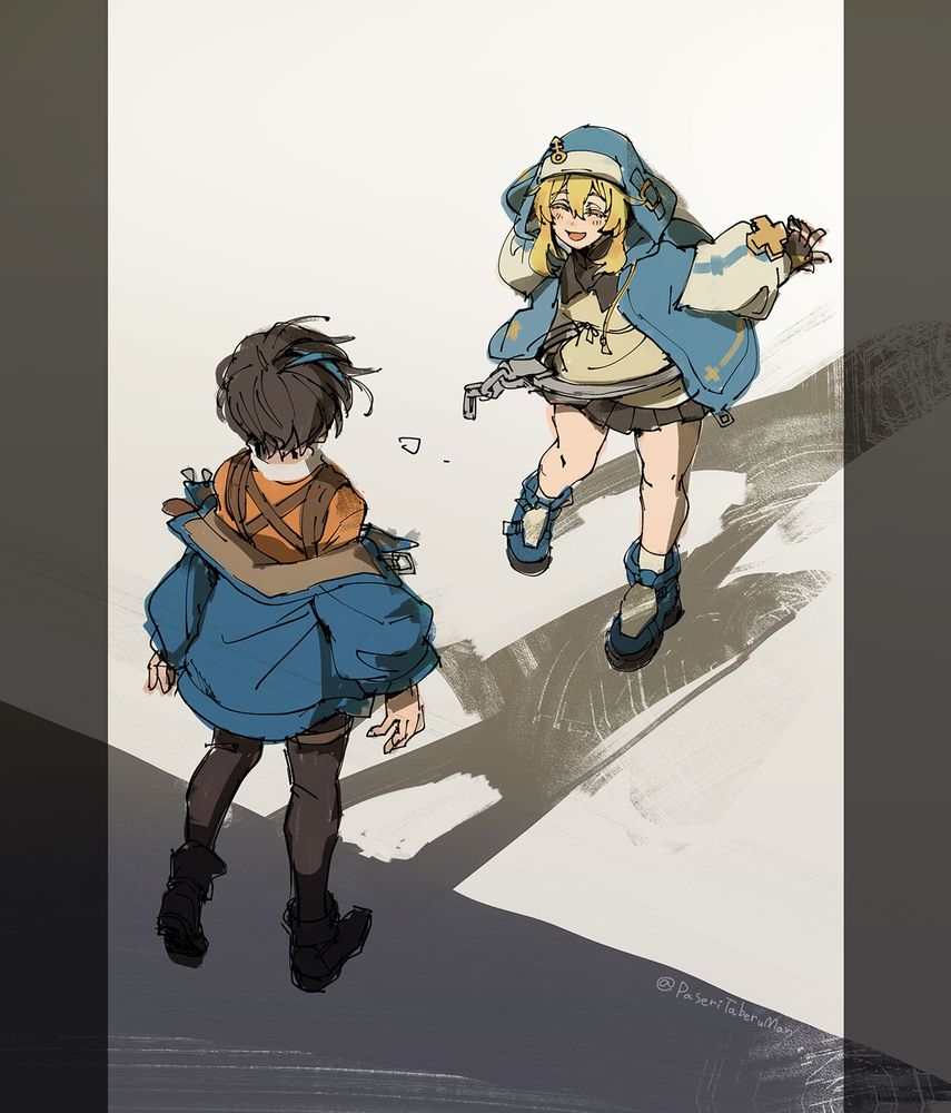 a uniburi fanart, Bridget smiles at Unika, Unika steps out of the dark place and approaches Bridget.