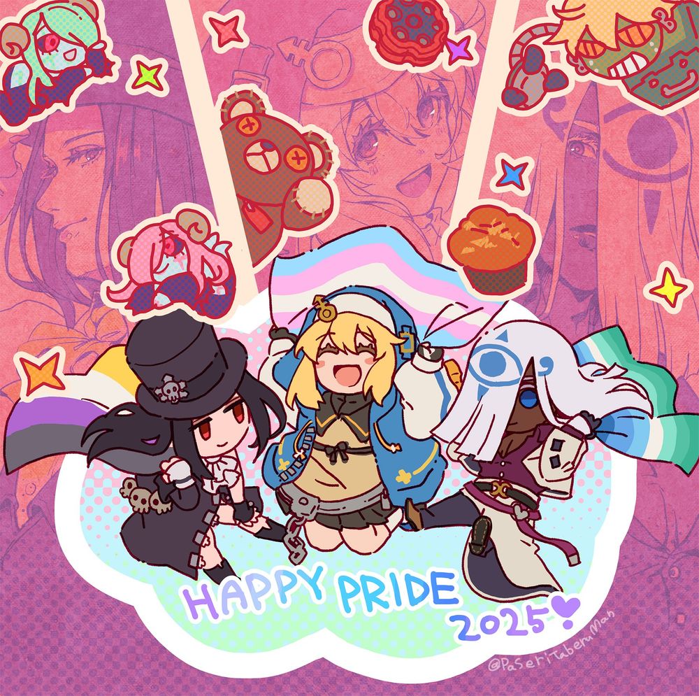 a guilty gear fanart. Testament, Bridget and Venom holding Pride flags.