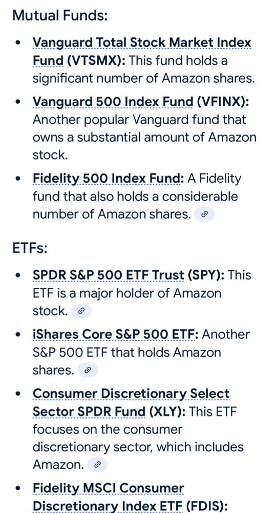 Amazon Mutual Funds: Vanguard Total Stock Market Index, Vanguard 500 Index, Fidelity 500 Index.
Amazon ETFs: SPDR S&P 500 ETF Trust, iShares Core S&P 500, Consumer Discretionary Select Sector SPDR, Fidelity MSCI Consumer Discretionary Index ETF