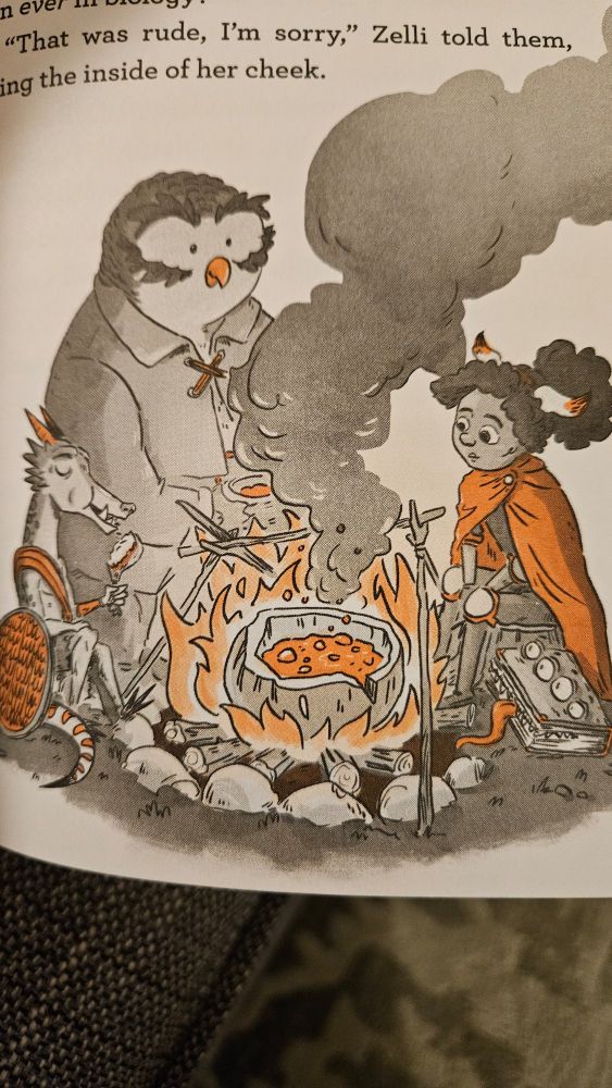 A black and white illustration of an adventuring party sitting around a campfire consisting of an owlbear, a diminutive dragon, and a young teifling. The illustrations has orange accents.