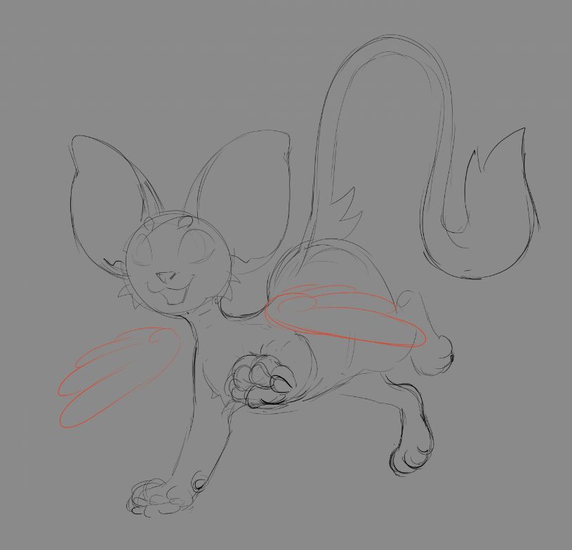 sketch of a cat with big ears and a long tufted tail, mid run facing the viewer, with floating wings lined in red