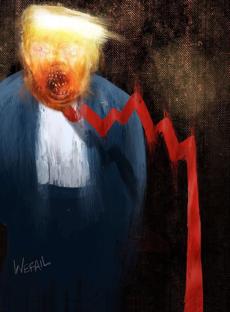 This is a dark, surreal digital painting featuring a distorted caricature of Donald Trump. His face is twisted and fiery, with multiple eyes and a grotesque, open mouth filled with sharp teeth, giving him a monstrous appearance. He is dressed in a suit with a small American flag pin on his lapel. A jagged red line, resembling a plummeting stock market graph, cuts across his chest and trails off to the bottom right, symbolizing economic decline. The background is textured and ominous, enhancing the chaotic and unsettling mood. The artwork is signed “WEFAIL” in the bottom left corner.