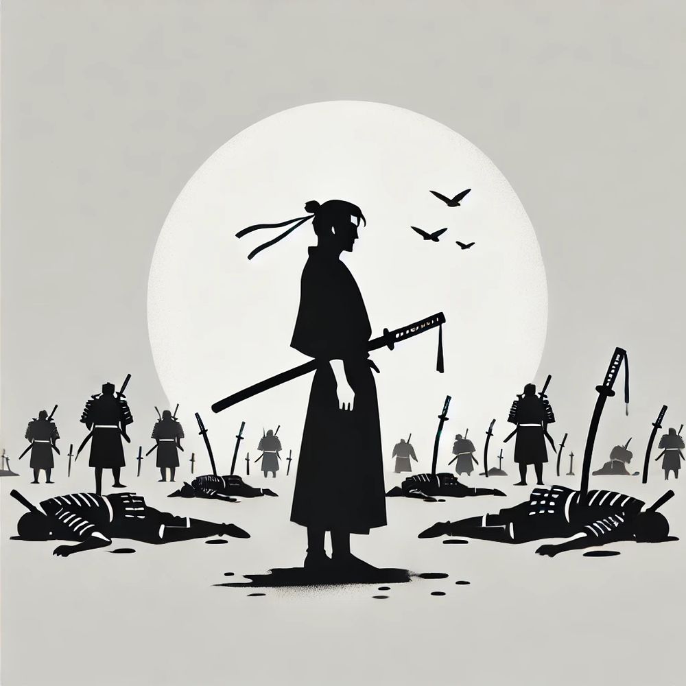 A minimalist black-and-white illustration depicting a samurai standing calmly on a battlefield, his sword still sheathed. The scene conveys a sense of quiet authority and strategic mastery, as defeated enemies in the background have laid down their weapons without a fight. The composition is simple, using clean lines and subtle shading to emphasize the power of wisdom over brute force, embodying the essence of Sun Tzu’s philosophy from The Art of War.