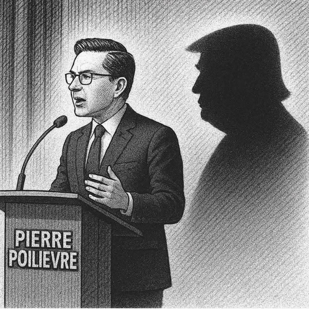 In this illustration, Canadian politician Pierre Poilievre is shown speaking at a podium bearing his name, dressed in a formal suit and addressing an audience. However, his shadow cast on the wall behind him unmistakably takes the shape of Donald Trump, suggesting that despite his own image, he is ideologically or politically overshadowed and influenced by Trump’s persona and legacy.