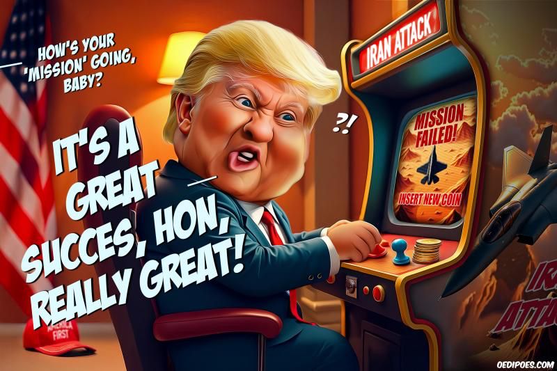 This image is a satirical cartoon depicting a caricature of Donald Trump sitting at an arcade machine labeled "IRAN ATTACK." The screen of the arcade machine displays "MISSION FAILED! INSERT NEW COIN" alongside an image of a fighter jet. Trump appears to be boasting, saying, "IT'S A GREAT SUCCESS, HON, REALLY GREAT!" despite the failure message. A speech bubble from an unseen character asks, "HOW'S YOUR 'MISSION' GOING, BABY?" The exaggerated facial features and the humorous contradiction between the failure on the screen and Trump's boastful claim highlight the satirical nature of the image. An American flag is partially visible in the background, adding to the political context.
