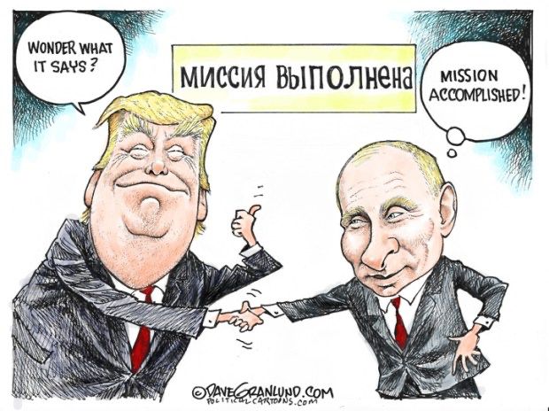 This political cartoon depicts U.S. President Donald Trump and Russian President Vladimir Putin shaking hands. Trump, with an exaggerated smug expression, appears pleased, while Putin displays a subtle smirk. Behind them, a sign reads “Миссия выполнена,” which translates to “Mission Accomplished!” in English.

Trump’s speech bubble states, “Wonder what it says?” suggesting ignorance or indifference, while Putin’s thought bubble provides the translation, indicating his full understanding.

The cartoon critiques President Trump’s relationship with Putin, implying that their interactions benefit Russia. The exaggerated expressions and body language highlight a perceived power imbalance, with Putin appearing to have the upper hand.
