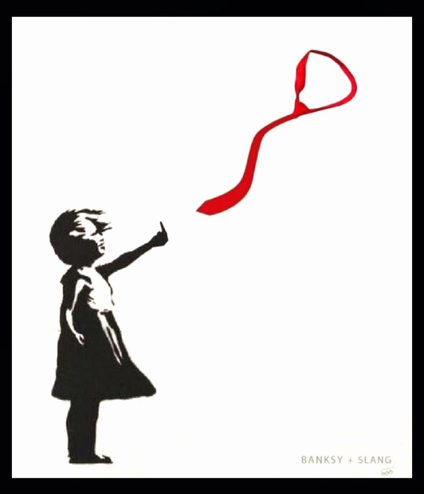 The image features a stark black silhouette of a child standing on a white background, dressed in a simple dress with a white top and dark skirt. The child is raising their right arm, extending it upward with a defiant middle finger gesture. Above the child, a flowing red tie, symbolizing Donald Trump, curves gracefully through the air, its vibrant color contrasting sharply with the monochrome figure. The artwork is signed “Banksy + Slang” in the bottom right corner, indicating a collaboration between the renowned street artist Banksy and another artist, Slang.

