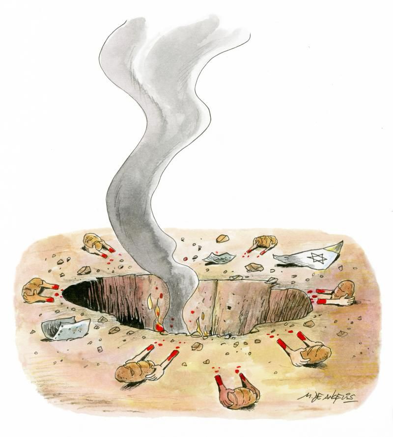 This satirical cartoon illustrates a grim scene critiquing the genocide in Gaza, with a focus on the massacre of civilians waiting for food aid. At the center is a deep crater in the sandy ground, spewing a twisting column of gray smoke upward, with flames flickering at its base, evoking the aftermath of an explosion or airstrike. Surrounding the pit are several anthropomorphic figures resembling loaves of bread or potatoes—elongated, brownish forms with crusty textures—each equipped with human-like arms and hands, lying scattered and lifeless. Many are depicted as wounded, with red blood droplets trailing from their “bodies” and pooling on the ground, symbolizing the innocent victims slaughtered while queuing for humanitarian supplies like flour or bread. Debris litters the area, including rocks, shattered pieces, and a crumpled white paper emblazoned with a blue Star of David, seemingly discarded amid the chaos, pointing to Israeli involvement in the violence. The overall tone is one of dark irony, highlighting the absurdity and horror of targeting those in desperate need of sustenance. The artwork is signed “M. de Angelis” in the bottom right corner.