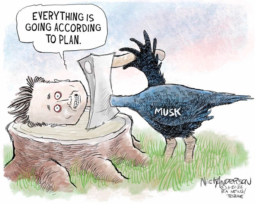 The image is a political cartoon depicting Elon Musk in a satirical and grotesque way. His severed head rests on a tree stump, with a crazed, wide-eyed expression, yet he calmly states, “Everything is going according to plan.”

A large black bird, labeled “Musk,” is holding an executioner’s axe, implying that Musk has metaphorically “decapitated” himself. The scene resembles a botched execution, suggesting self-inflicted damage or an ironic downfall.

The cartoon critiques Musk’s actions, possibly referencing his management of Twitter (now X), controversial decisions, or leadership failures while he insists that everything is under control despite evident chaos.