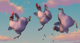 Three animated, plump dodo birds in lavender purple with red beaks and feet are captured mid-air in dynamic, tumbling poses against a pastel blue sky with fluffy pink-tinged clouds. From left to right: the first dodo leaps upward with wings spread, mouth open wide as if shouting, and legs kicking; the middle one somersaults forward with a joyful expression; the rightmost is upside down, flipping headfirst with debris scattering below, evoking a scene of chaotic, comedic flight or fall.