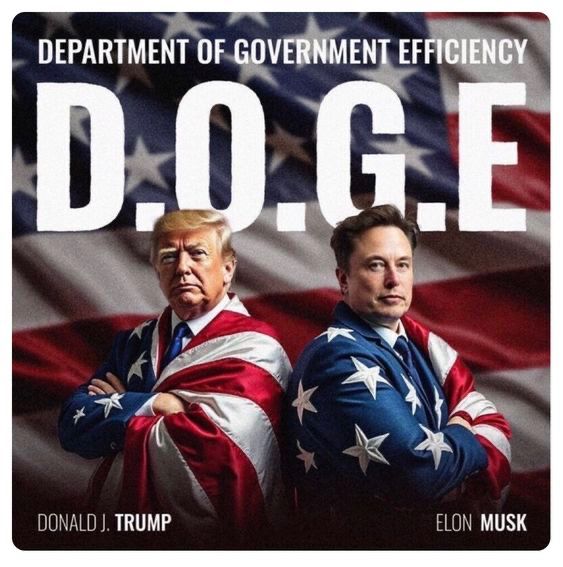 A digitally edited image featuring Donald Trump and Elon Musk draped in American flag-themed suits, standing in front of a U.S. flag backdrop. Above them, bold text reads “Department of Government Efficiency (D.O.G.E),” implying a political or satirical theme.