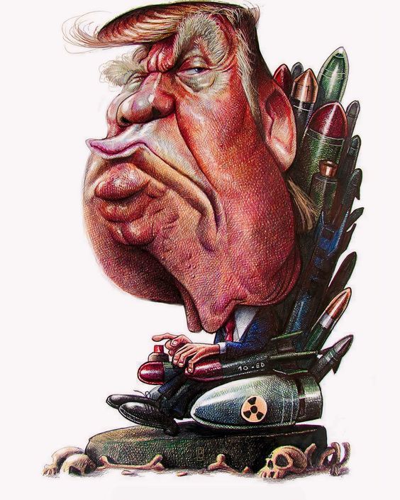 The image is a caricature of Donald Trump, depicted with an exaggeratedly large head, pursed lips, and a smug expression. He is sitting on a throne-like chair made of missiles, some of which are labeled with nuclear symbols. His hands are gripping what appear to be red buttons, symbolizing control over nuclear weapons. The base of the chair is adorned with skulls, reinforcing a theme of destruction and power. The artwork uses detailed shading and texture, giving it a striking and dramatic effect.
