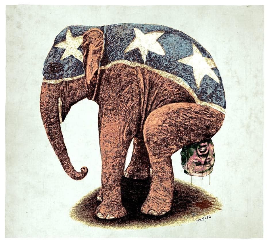 A satirical illustration depicting the "birth of MAGA," featuring a large, anthropomorphic elephant in a squatting position as if giving birth. The elephant, symbolizing the Republican Party, is covered in a blue jacket patterned with white stars and red-and-white stripes resembling the American flag, with its head and trunk exposed in reddish-brown hues. From its rear, it expels a green-tinted, slimy mass containing a pinkish human-like baby's head with wide eyes and a tuft of hair, dripping viscous fluid onto the ground below, forming a small reddish puddle. The composition is centered on a plain beige background with subtle shading for depth, rendered in a detailed, etched ink style. In the bottom corner, small text reads "MAGA" in bold letters.
