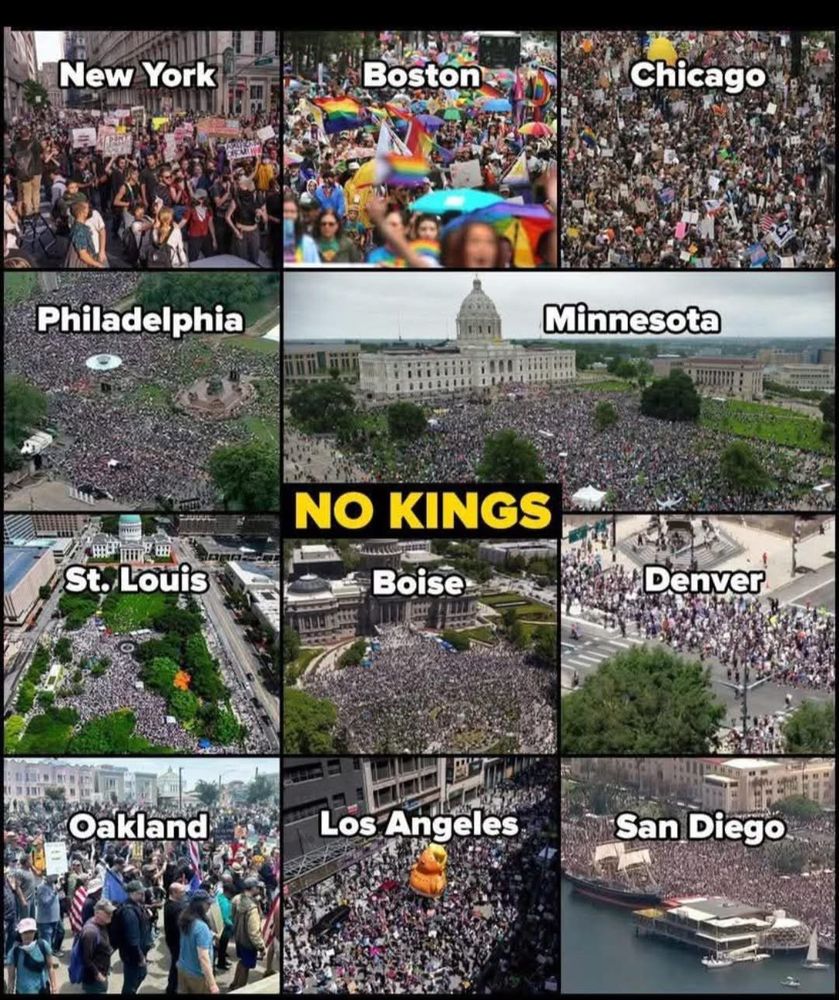 This image is a collage of photos showing large-scale protests or gatherings in various U.S. cities. Each photo is labeled with the name of the city, including New York, Boston, Chicago, Philadelphia, Minnesota, St. Louis, Boise, Denver, Oakland, Los Angeles, and San Diego. The central part of the collage features bold yellow text on a black background reading "NO KINGS." The crowds in these images are substantial, filling streets and open spaces, with many people holding signs, banners, and flags, including rainbow flags and protest placards. The overall impression emphasizes unity and participation in mass demonstrations.