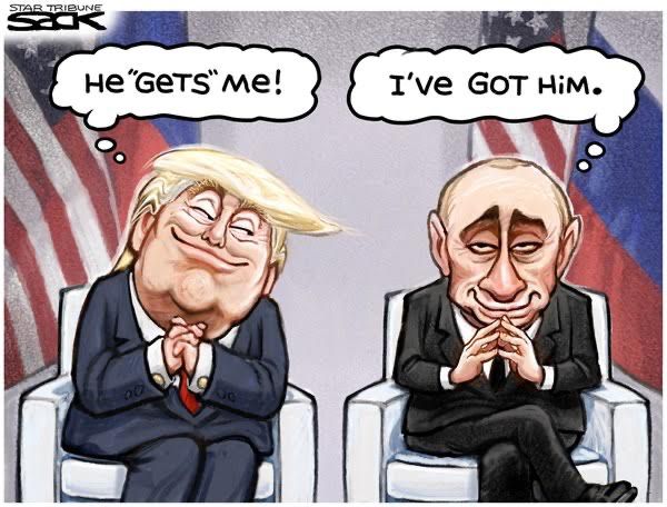 The image is a political cartoon showing caricatures of Donald Trump and Vladimir Putin sitting side by side. Trump appears content and happy, with his hands clasped together, and a thought bubble above him reads, “He gets me!” Putin, sitting with a sly smile and his hands also clasped, has a thought bubble that says, “I’ve got him.” The background features the flags of the United States and Russia. The cartoon suggests a power imbalance in their relationship, implying that Putin is in control while Trump believes they have a mutual understanding.