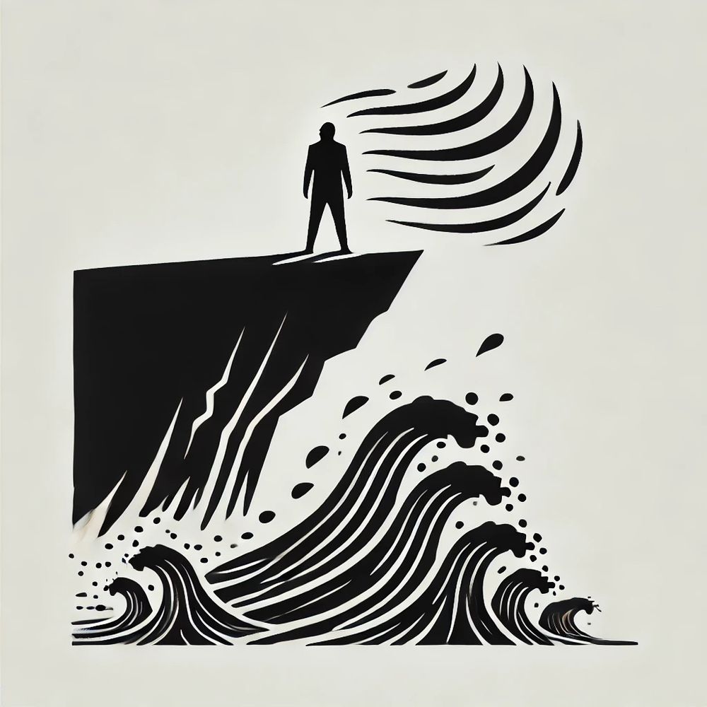 The image is a minimalistic black-and-white illustration depicting a lone figure standing at the edge of a cliff, with swirling winds around them. Below, waves begin to rise, symbolizing the power of collective action and the beginning of a transformative movement. The stark contrast between the solitary figure and the dynamic elements conveys a sense of determination, change, and the inevitability of progress. The simplicity of the design enhances its symbolic impact, emphasizing the idea that great movements often start with a single step.