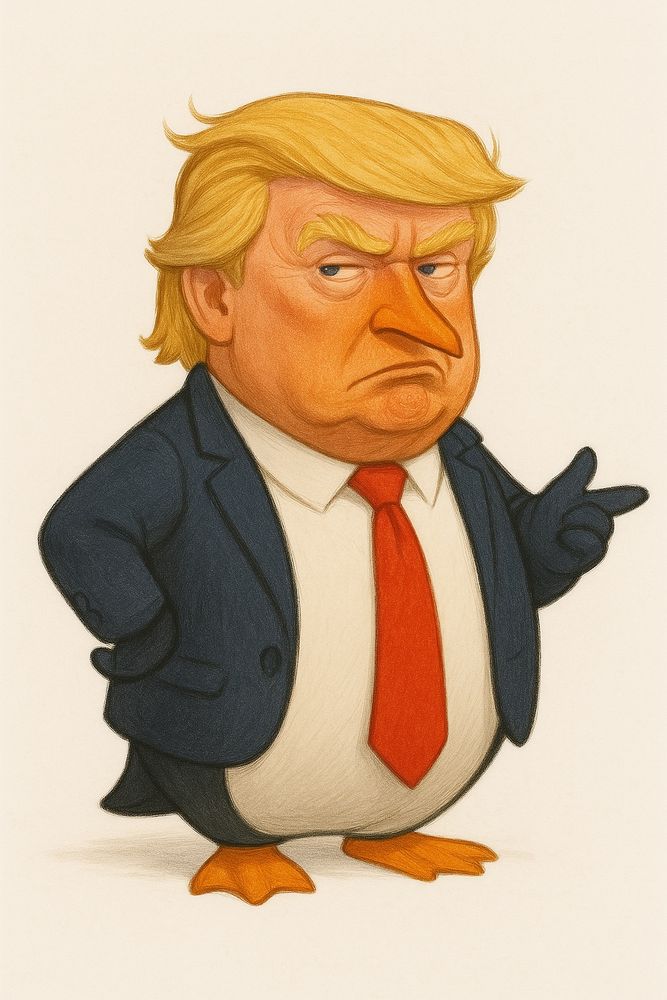This image is a humorous cartoon-style illustration of a penguin caricature of Donald Trump. The penguin stands upright with human-like posture and features Trump’s signature golden comb-over hairstyle, small squinting eyes, and a slight pout. It wears a dark suit jacket over its black and white plumage, adding to the anthropomorphic effect. The background is a soft beige, keeping the focus entirely on the character. The expression on the penguin’s face is one of disapproval or stubborn confidence, capturing the exaggerated persona often associated with Trump in political cartoons.