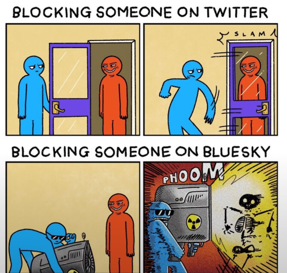 A two-panel meme comparing blocking on Twitter vs. Bluesky. On Twitter, a blue figure casually shuts a door on a red figure. On Bluesky, the blue figure uses a giant sci-fi cannon, vaporizing the red figure into a skeleton.