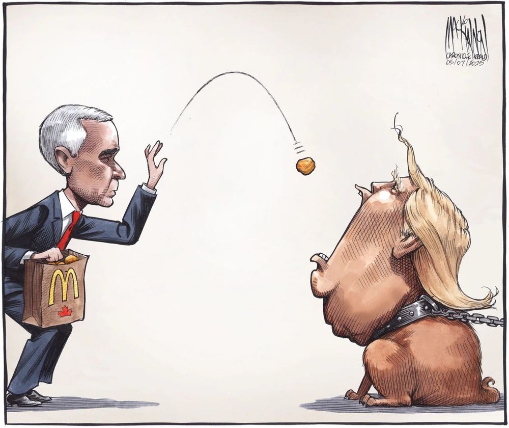 The image depicts Canadian Prime Minister Mark Carney, recently elected in March 2025, throwing a McDonald’s chicken nugget toward former U.S. President Donald Trump, who is portrayed as a dog on a leash, eagerly awaiting the food. Carney holds a McDonald’s bag marked with a Canadian maple leaf, symbolizing Canada’s national identity. The background is plain, focusing attention on the two figures and the nugget’s trajectory.