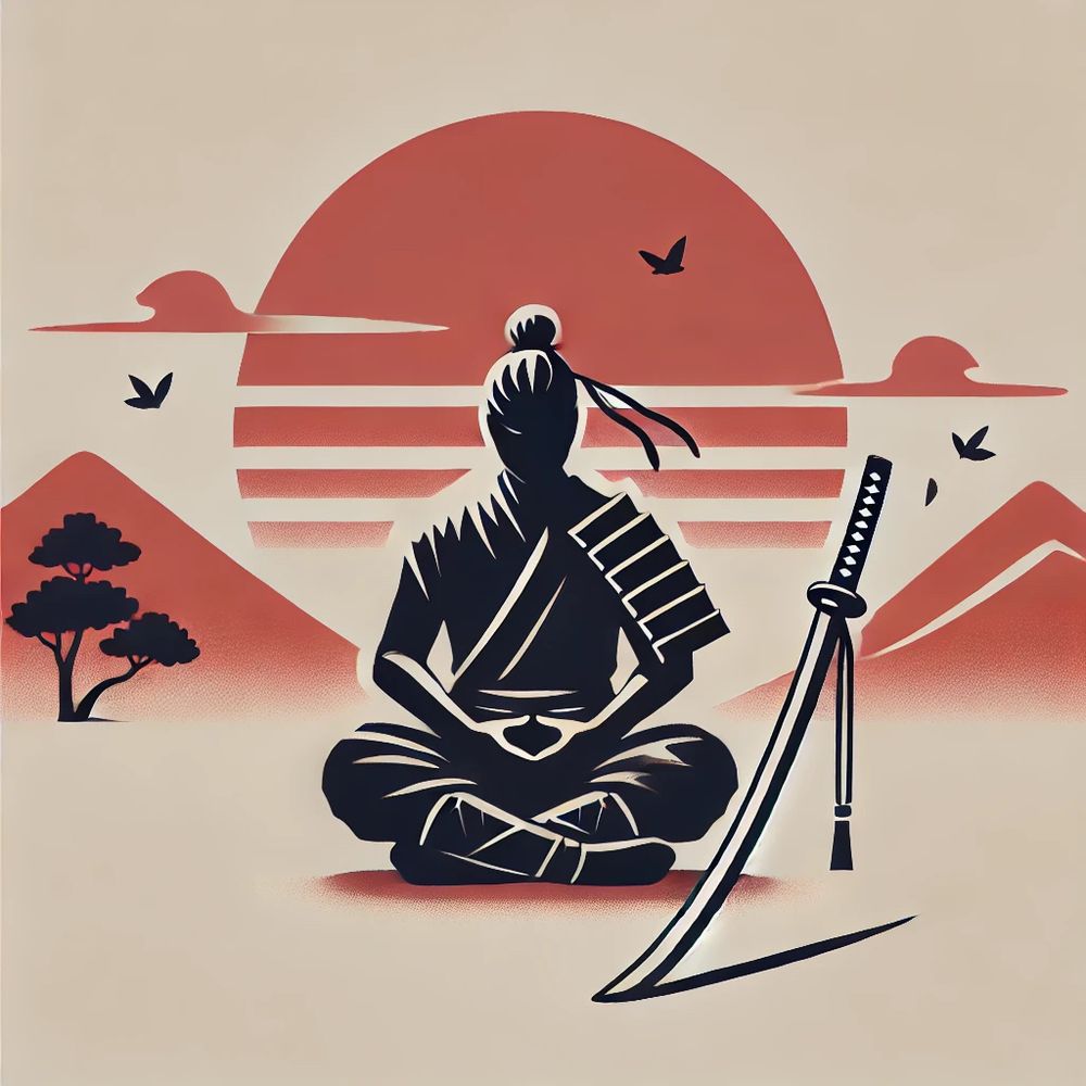The image is a minimalist digital illustration of a samurai sitting in meditation. He is in a cross-legged position with a calm and composed posture, symbolizing patience, wisdom, and strategic thinking. His katana is placed beside him on the ground, unsheathed but resting peacefully, reinforcing the idea of restraint and control over violence.

The background is simple and uncluttered, featuring a vast, tranquil landscape with soft silhouettes of distant mountains. The sky showcases a setting sun, casting a warm glow over the scene. The sun is stylized as a large, smooth circle, blending into the horizon with gentle red and orange hues, evoking a sense of serenity and contemplation.

The entire composition is in a minimalist style, using a monochrome palette with selective warm tones to highlight key elements. The samurai himself is depicted in a dark silhouette, contrasting against the lighter background, making his figure stand out prominently. The simplicity of the lines and shading creates an elegant and timeless aesthetic, embodying the philosophy of strategic patience and mental discipline.