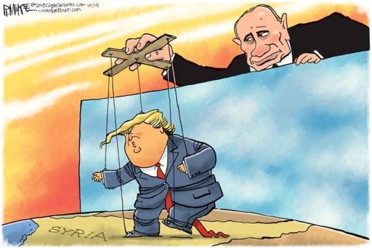 This political cartoon depicts a caricature of Donald Trump as a puppet controlled by Vladimir Putin. Trump is dressed in a suit with his signature hairstyle, standing on a land labeled “Syria,” while Putin, positioned above a blue barrier, manipulates him using a wooden marionette controller with strings attached to Trump’s arms and legs. Putin has a sly and amused expression as he looks down at Trump. The image satirically suggests that Putin is controlling Trump’s actions, particularly in relation to Syria, highlighting themes of political influence and manipulation. The exaggerated features and expressive style emphasize the critique of their relationship.
