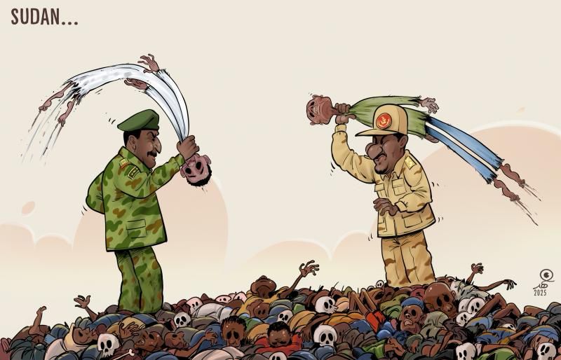 A satirical cartoon illustration depicting the Sudan conflict, divided into two panels labeled "SUDAN." on the left and "SUDAN.." on the right. In the left panel, a stern African man in green camouflage military uniform and beret, with a mustache, dynamically swings a bloody sword downward, a pale severed head tumbling from it amid red blood droplets. In the right panel, a cheerful African man in a yellow worker's jumpsuit, red hard hat, and blue pants raises a green champagne bottle triumphantly, its cork popping with white foam. Both figures stand atop a chaotic mound of diverse human skulls and bones in earthy tones (browns, beiges, grays), symbolizing death and ethnic variety, set against a pale beige background with dynamic motion lines emphasizing action and confrontation.