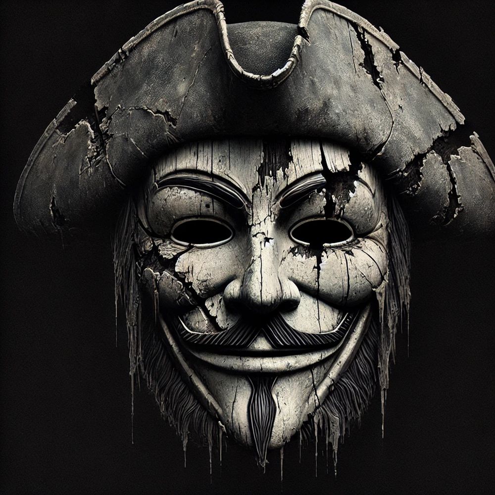 The image depicts a dark, weathered mask resembling the Guy Fawkes mask, often associated with Anonymous and resistance movements, but with a pirate aesthetic. The mask appears cracked, aged, and decayed, giving it a haunting, eerie look. It features empty, hollow eyes, a curved mustache, and a goatee, all characteristic of the classic V for Vendetta design. The tricorn pirate hat on top is also aged and cracked, blending seamlessly with the mask. The overall monochromatic, high-contrast design and dripping textures make it look like a mix of a skull, wood carving, and melting metal, reinforcing a dark, dystopian, or cyberpunk pirate theme. The background is black, emphasizing the mask’s details and giving it a mysterious, ominous presence.