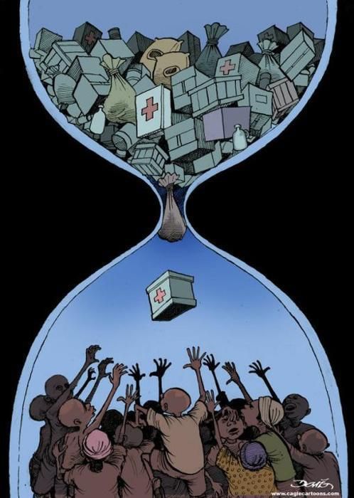 An illustrated cartoon depicting an hourglass against a black background. The upper bulb is overflowing with piled-up aid supplies, including boxes, bags, bottles, and containers, many marked with red crosses symbolizing medical or humanitarian aid; a cartoon pig's head is visible among the clutter. These items are mostly in shades of gray, white, and blue, funneling downward through the narrow neck. Only a single small box with a red cross is trickling into the lower bulb. The lower bulb contains a crowd of about a dozen dark-skinned people, dressed in simple clothing in earth tones like brown and beige, desperately reaching upward with raised arms and outstretched hands toward the falling box, conveying urgency and need. The hourglass has a blue tint, and a small signature 