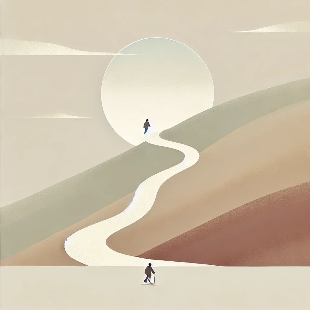 The image depicts a minimalistic and abstract landscape with a lone figure walking uphill along a winding path. The background consists of soft, earthy tones—beige, light brown, and muted gray—creating a calm and serene atmosphere. A large, pale sun or moon is positioned behind the hill, casting gentle light over the scene. The figure appears small but determined, symbolizing perseverance and endurance as they progress along the challenging path. The overall simplicity and smooth gradients emphasize resilience and quiet strength in the face of obstacles.