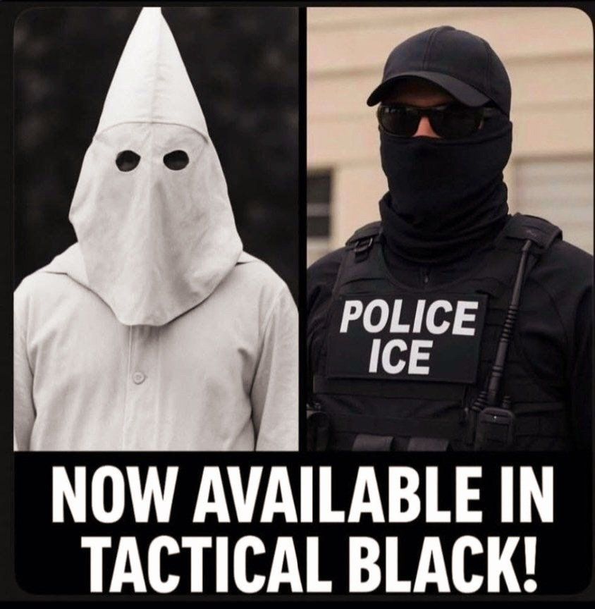 A split-image meme juxtaposing two figures side by side against plain backgrounds. On the left, a person in a traditional white Ku Klux Klan hood and robe, with pointed hood, eye slits, and a cross emblem, standing posed. On the right, a person in tactical black gear resembling law enforcement: black cap, sunglasses, balaclava mask, bulletproof vest labeled "POLICE ICE" in white letters, black uniform with straps and pouches. Bold white text overlay at the bottom reads: "NOW AVAILABLE IN TACTICAL BLACK!" The composition implies a satirical comparison between the KKK outfit and modern police/ICE attire.