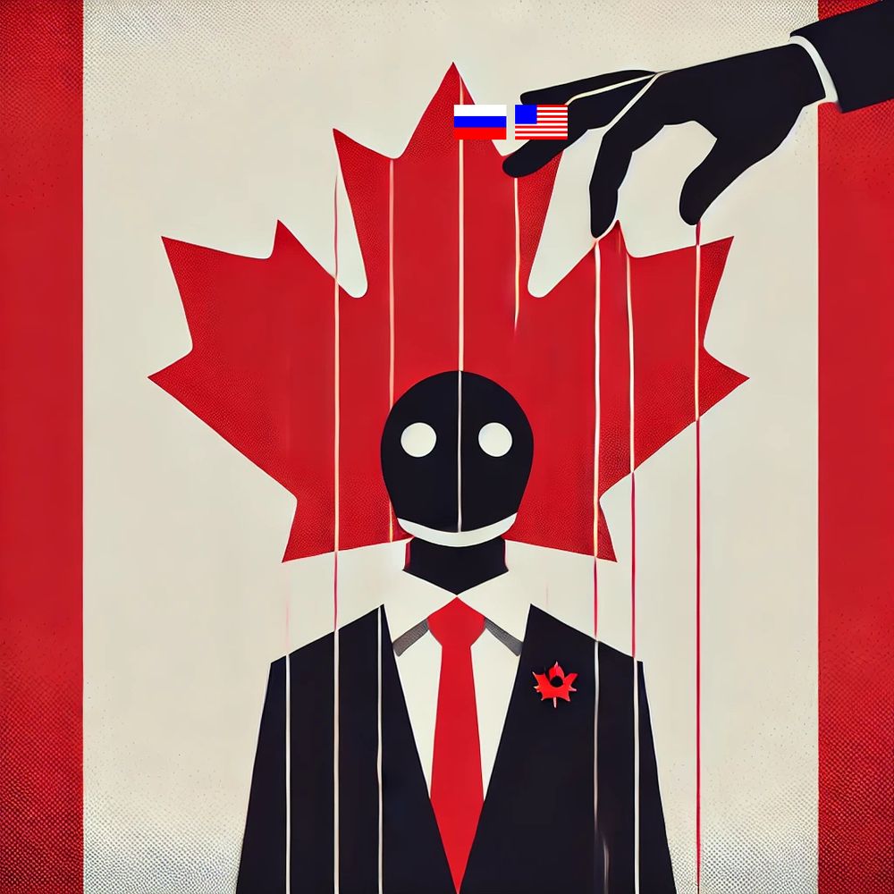 The image shows a stylized illustration of a puppet dressed in a suit and red tie, with a maple leaf pin on the lapel, standing in front of a Canadian flag. The puppet has a blank, expressionless face. Red strings attached to its limbs suggest it is being controlled. A large black hand, emerging from the top right, manipulates the strings. On the hand are small flags of Russia and the United States, implying external control or influence over Canada. The background prominently features the red maple leaf, a national symbol of Canada. The overall tone suggests political commentary on foreign influence.
