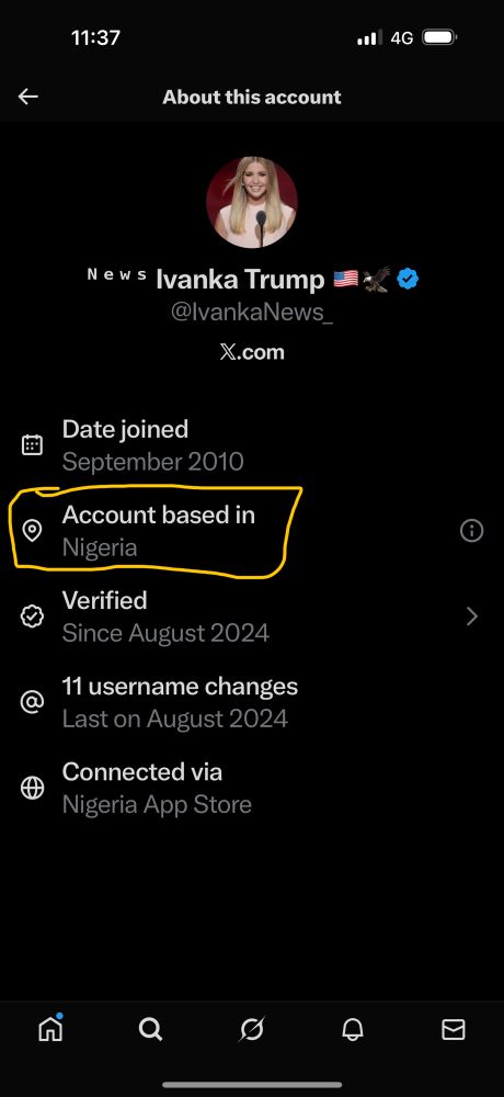 Screenshot from X (formerly Twitter) showing the profile of user "N e v s Ivanka Trump" with handle @IvankaNews_, featuring a profile picture of a smiling blonde woman speaking into a microphone. The profile includes an American flag emoji and the X logo. Below, a list of account details: "Date joined September 2010"; "Account based in Nigeria" highlighted with a yellow circle and arrow pointing to it; "Verified since August 2024" with a checkmark; "11 username changes, last on August 2024" with an at-symbol; and "Connected via Nigeria App Store" with a globe icon. The composition is a clean, white-background interface in a vertical layout, emphasizing the Nigeria location as a key anomaly.