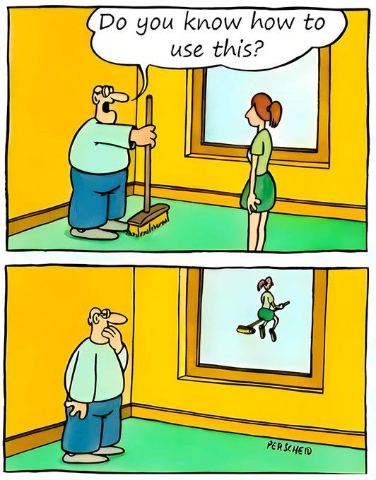 A two-panel cartoon comic strip with a yellow background. In the top panel, an overweight man with glasses, wearing a light blue shirt and blue pants, holds a broom and asks a woman with red hair in a ponytail, wearing a green top and skirt, 