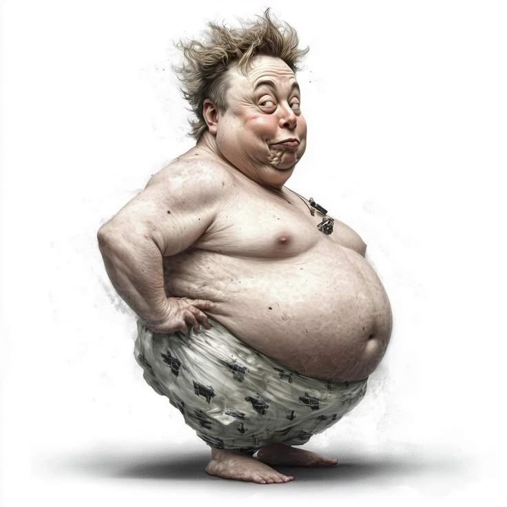 The image is a digital caricature of Elon Musk, depicted as an overweight man wearing only a diaper with printed patterns. His facial expression is exaggerated and smug, with distorted features and a mischievous smirk. His messy hair adds to the humorous and satirical tone of the artwork. His large belly is prominently displayed, and his posture emphasizes his corpulence. The background is plain white, making him stand out in isolation.