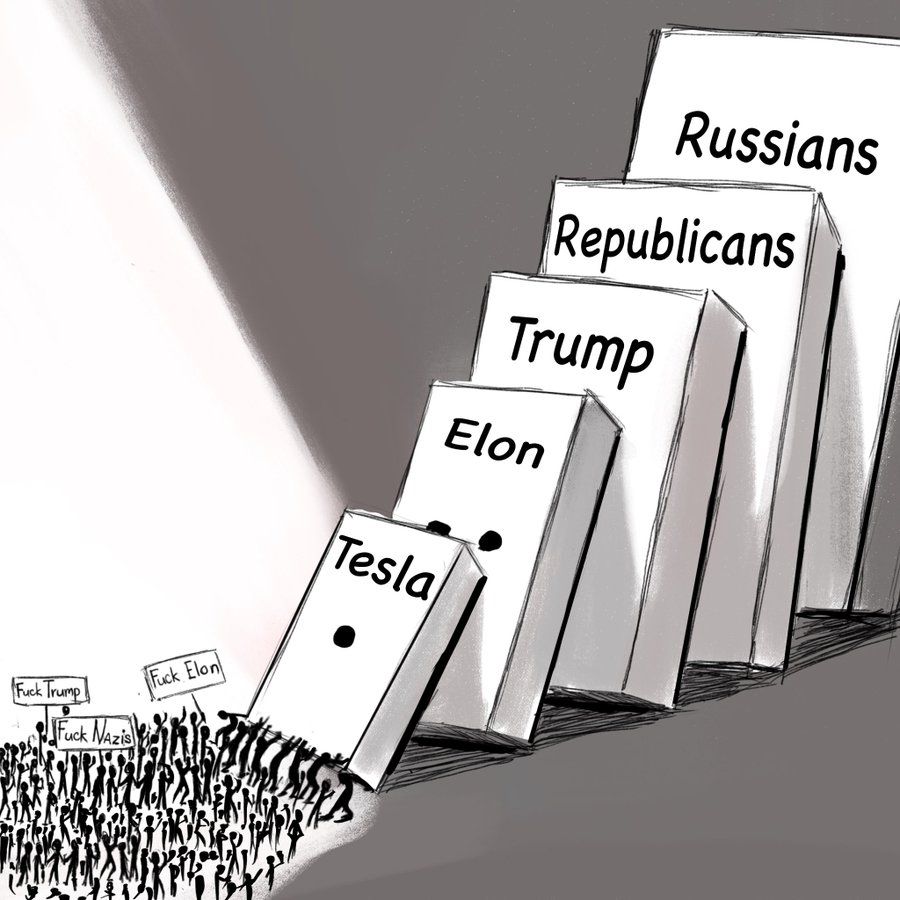 The image is a black-and-white political cartoon featuring a row of falling dominoes. Each domino is labeled with a different entity or individual, starting from “Tesla” and moving through “Elon,” “Trump,” “Republicans,” and “Russians.” The first domino, “Tesla,” is being pushed over by a crowd of small silhouetted figures holding protest signs. Some of the signs read “Fuck Trump,” “Fuck Elon,” and “Fuck Nazis.” The falling dominoes symbolize a chain reaction, suggesting that criticism or opposition to Tesla and Elon Musk may lead to broader consequences affecting Trump, Republicans, and even Russia. The composition uses shading to create a dramatic effect, emphasizing the domino effect as a metaphor for political or societal impact.
