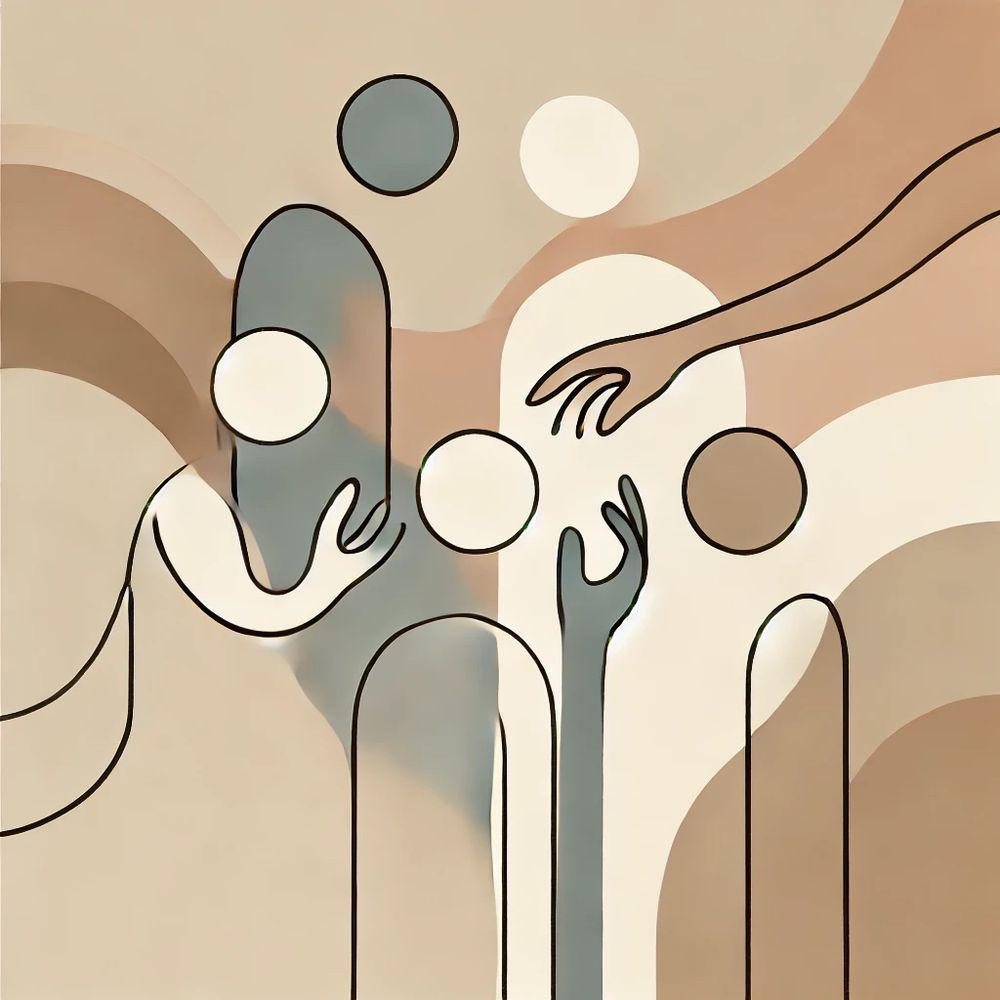 The image is a minimalist and abstract illustration featuring faceless human figures outlined with thin, simple lines. They are shown interacting with each other through gestures that symbolize connection, support, and solidarity. Some figures reach out their hands to others, while others appear to be offering or receiving help. The background consists of soft, organic shapes in neutral earthy tones like beige, brown, and muted blue, enhancing the sense of unity and warmth. The overall style emphasizes simplicity and the subtle power of human connection.