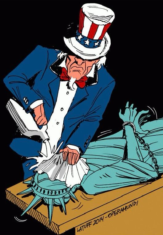 This illustration is a political cartoon that shows Uncle Sam, a traditional personification of the United States, performing a forceful act on the Statue of Liberty, who is depicted lying bound on a wooden surface. Uncle Sam is holding a power drill, appearing to drill into the face of the Statue of Liberty, with an aggressive and stern expression. The statue's hands are shackled, suggesting a lack of freedom or suppression. The cartoon is signed by "Latuff 2014 - OPERAMUNDI," indicating that it was created by the political cartoonist Carlos Latuff. The image likely serves as a critique of U.S. policies or actions that the artist views as oppressive or contrary to the values of liberty and freedom represented by the Statue of Liberty.