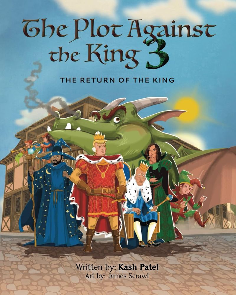 The image is the cover of a book titled “The Plot Against the King 3: The Return of the King,” written by Kash Patel with art by James Scrawl. It is designed in a medieval fantasy style, portraying Donald Trump as a king dressed in red and gold, standing in a heroic pose. To his side, a robed wizard appears to represent Kash Patel himself, holding a staff with a glowing orb. Behind them, a large green dragon spreads its wings, adding to the fantasy atmosphere. To the right, a woman in a green dress and a small jester figure stand near a hunched crowned man dressed in blue fur-lined robes, resembling Joe Biden, who appears weak and dejected on a throne. The background features a medieval town with wooden buildings and smoke rising into the sky, reinforcing the fairy tale theme. The title plays on The Lord of the Rings: The Return of the King, suggesting that the book frames Trump’s potential political comeback as an epic and righteous battle. This cover, like the previous books in the series, blends fantasy, propaganda, and conspiracy, presenting Trump as a noble, rightful leader fighting against corrupt forces. The imagery seeks to simplify and mythologize modern political events into a classic good vs. evil narrative.