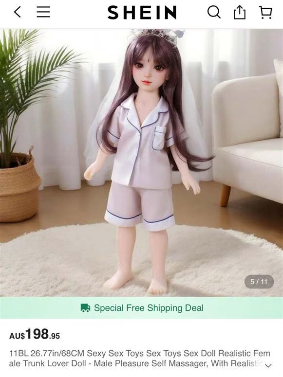 A product listing page on Shein for a realistic sex doll resembling a young girl, approximately 77 cm tall, with long dark hair, a white veil-like headband, and wearing a white pajama set with blue trim. The doll stands barefoot on a light gray rug in a softly lit room with a white couch, potted green plant, and woven basket in the background. Key text includes: "77cm Sex Doll" at the top, "Special Free Shipping Deal" in green, and a detailed title below: "AUS$199.00 77cm Sex Toys Sex Toys Sex Doll Realistic Female Trunk Lover Doll - Male Pleasure Self Massager, With Realis-" (text cuts off). The composition centers the doll prominently against a neutral, minimalist indoor setting, emphasizing its child-like proportions and features.