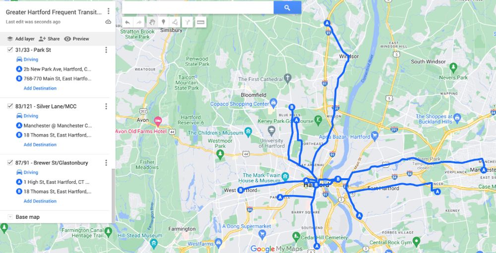 A rough draft showing the frequent bus network in Greater Hartford showing buses that run at least every 15 minutes during weekdays.