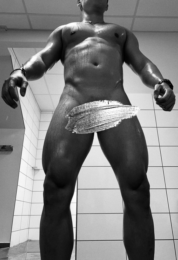 A muscular jockboy all naked and sweaty after sauna