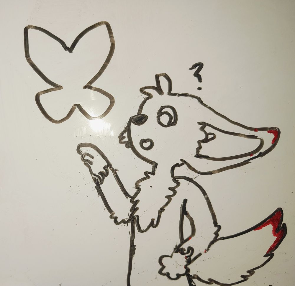 A rough drawing of a fennec fox character pointing at the Bluesky logo.