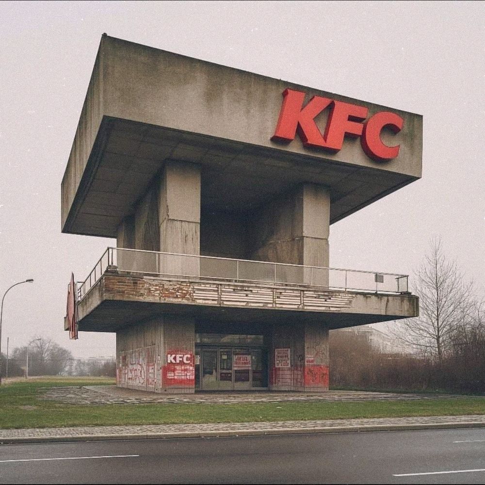 A photo of an abandoned KFC (kentucky fried chicken) restaurant in a concrete brutalist building.