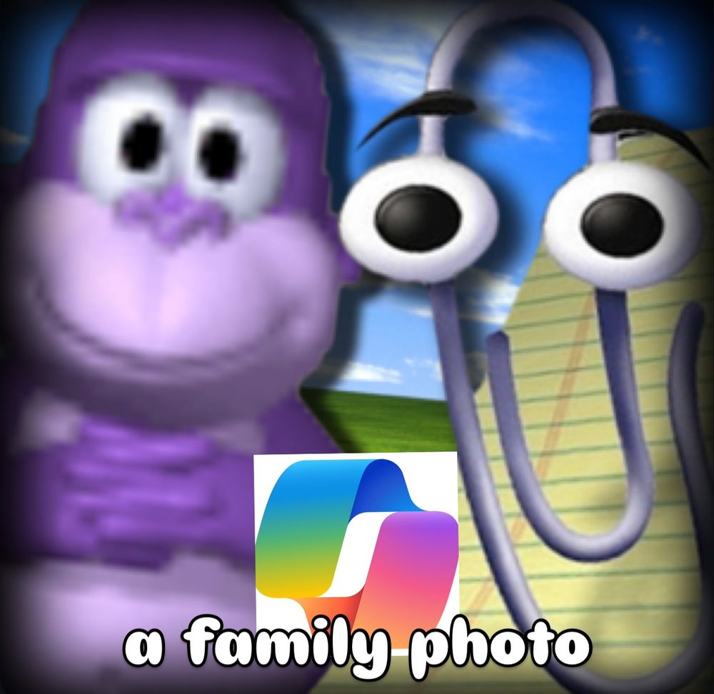 A portrait of BonzaiBuddy and Clippy posing with their child, Copilot. The caption reads: a family photo