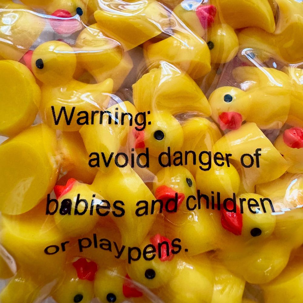 A bag filled with 500 plastic yellow ducks, and the bag has a label that reads: 
“Warning: avoid danger of babies and children or playpens.”