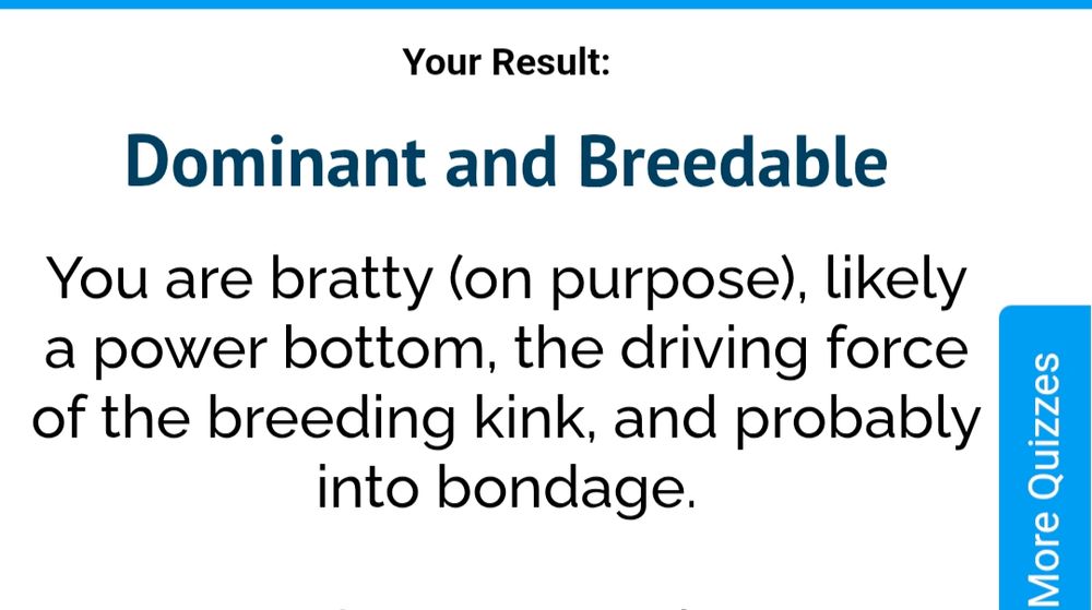 Dominant and Breedable
You are bratty (on purpose), likely a power bottom, the driving force of the breeding kink, and probably into bondage.