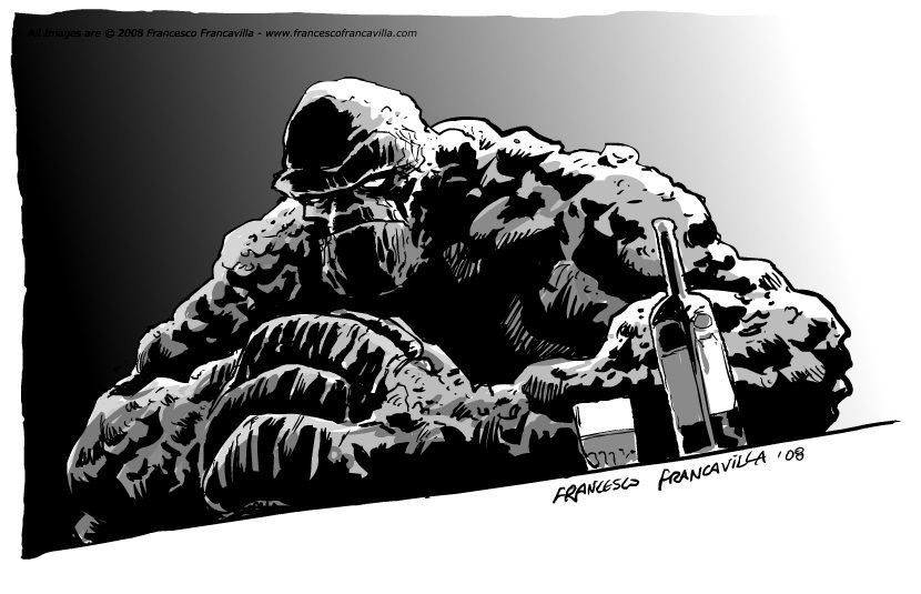 Ben Grimm, aka The Thing, at a counter with a bottle of booze and a glass, looking pensive 