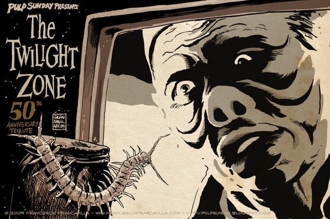 An episode card/illustration showing the pig-face beings from the twilight zone episode EYE OF THE BEHOLDER 