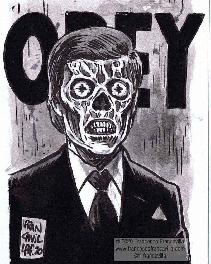 The alien from Carpenter movie THEY LIVE with OBEY word behind him